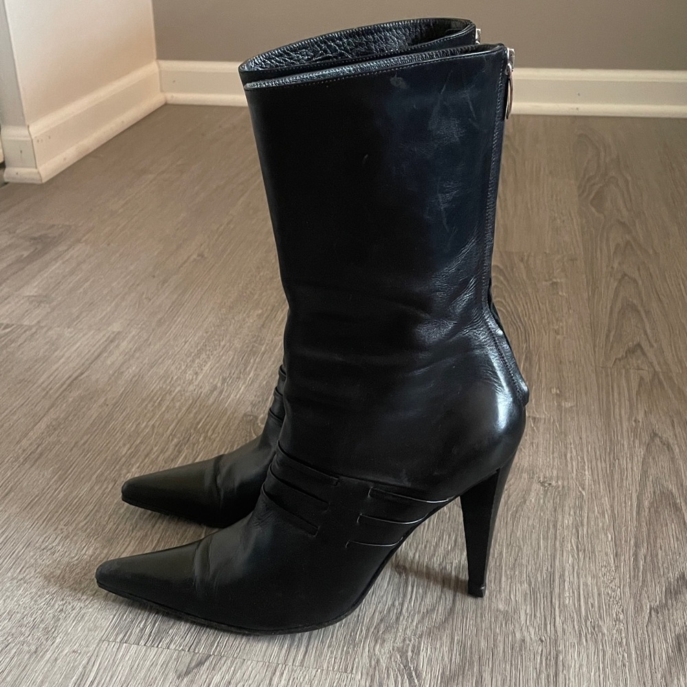 Sergio Rossi Black Leather Pointy Toe High Heel‎ Boots Size 38.5 - Picture 2 of 14